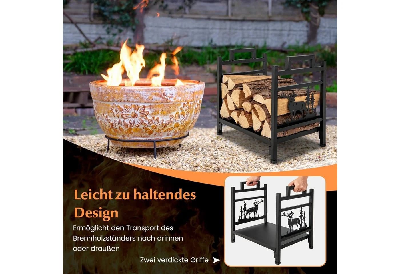 COSTWAY Kaminholzregal aus Metall mit Griffen und Elchmuster