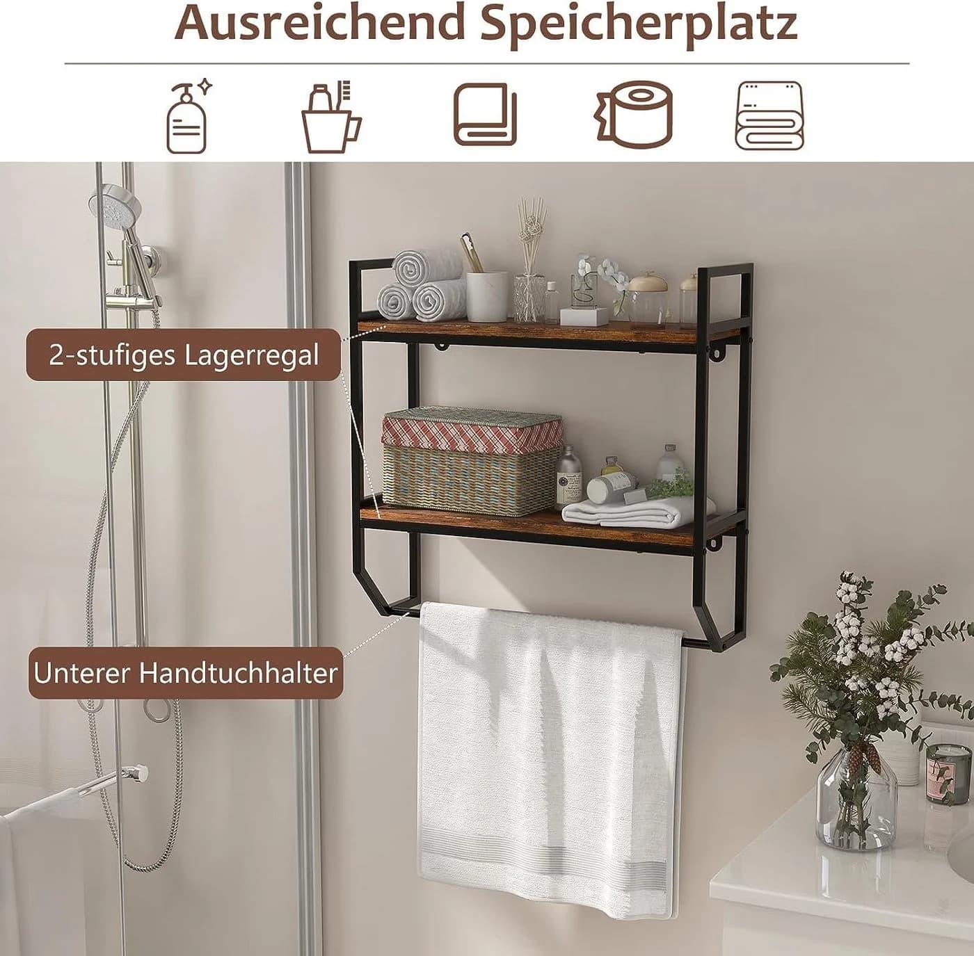 KOMFOTTEU Wandregal Schweberegal Hängeregal Handtuchhalter Braun Schwarz