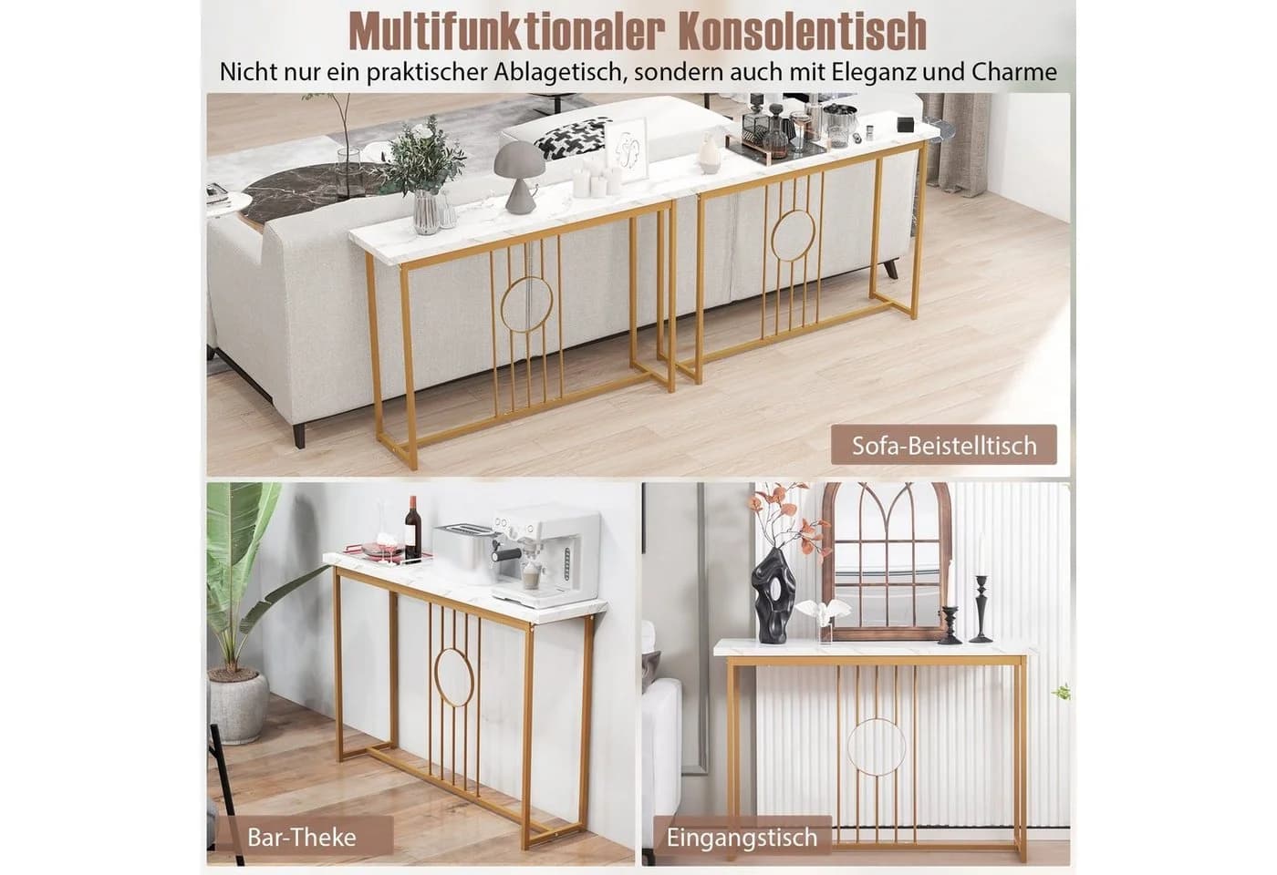 COSTWAY Konsolentisch Marmor Gold Metallgestell 120x30x80,5cm