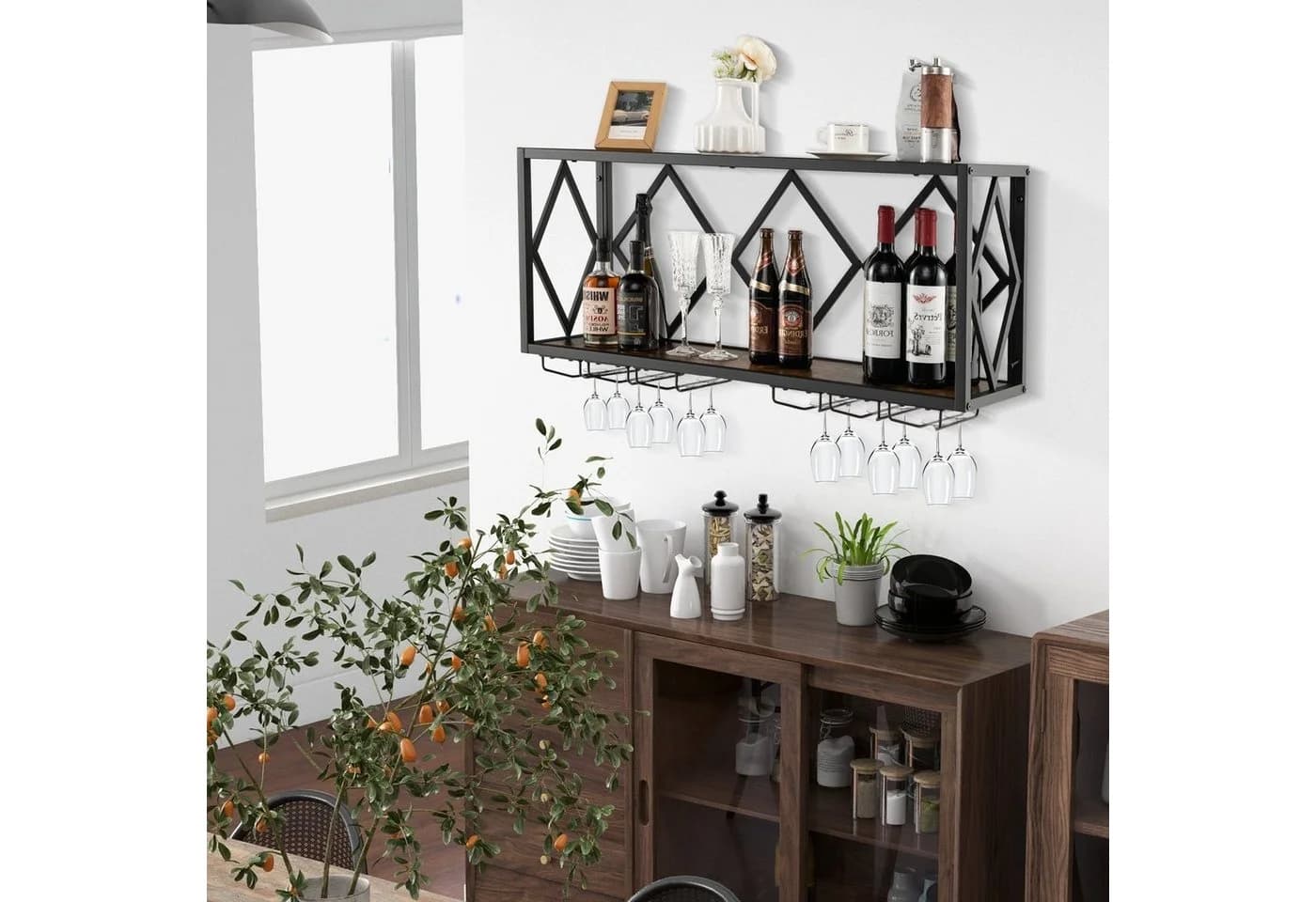 COSTWAY Weinregal Wand 2 Ebenen Metall 39 Flaschen 12 Gläser 100x25x45cm