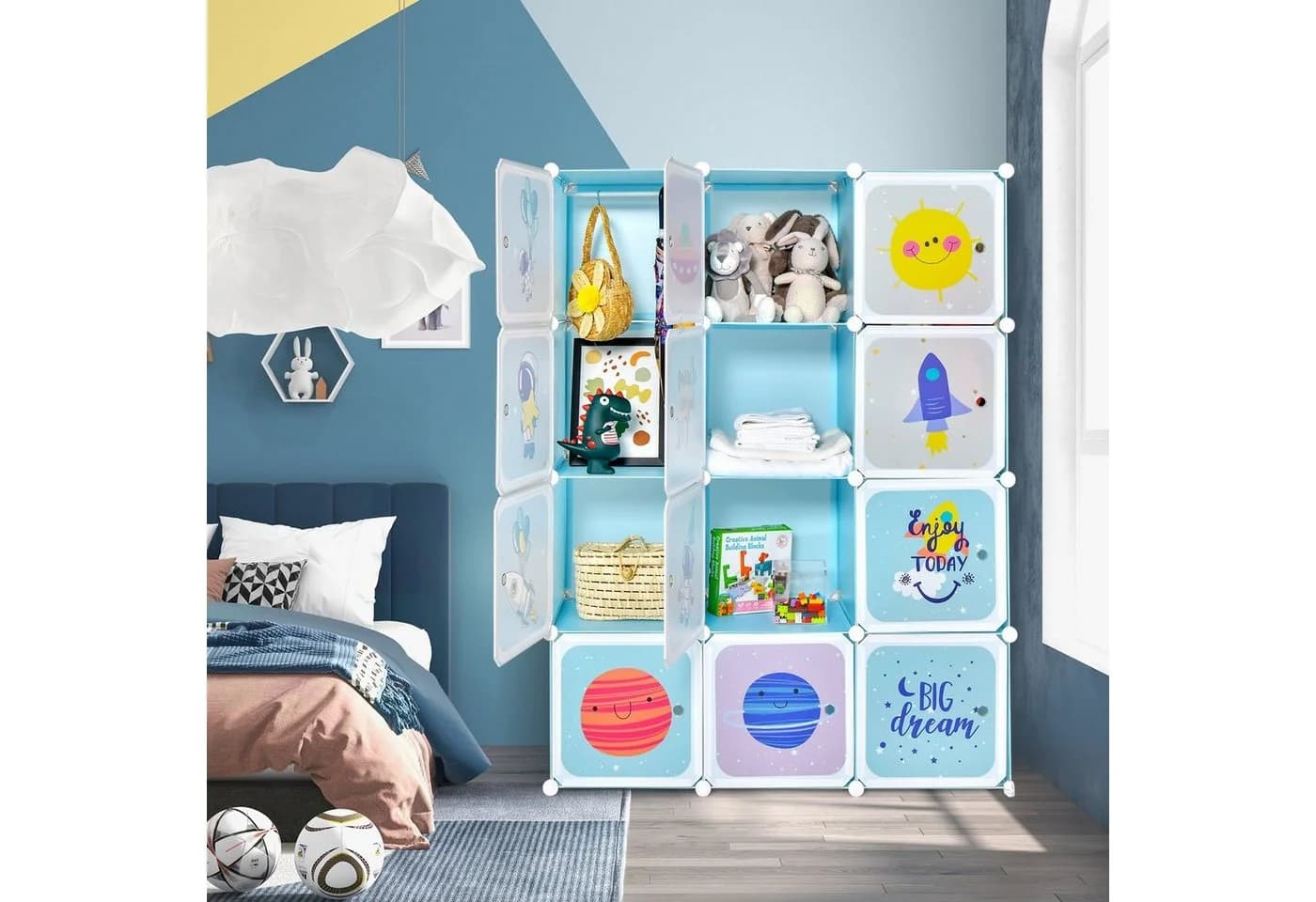 COSTWAY Kinderkleiderschrank Kunststoff 12 Würfel Blau Bunt