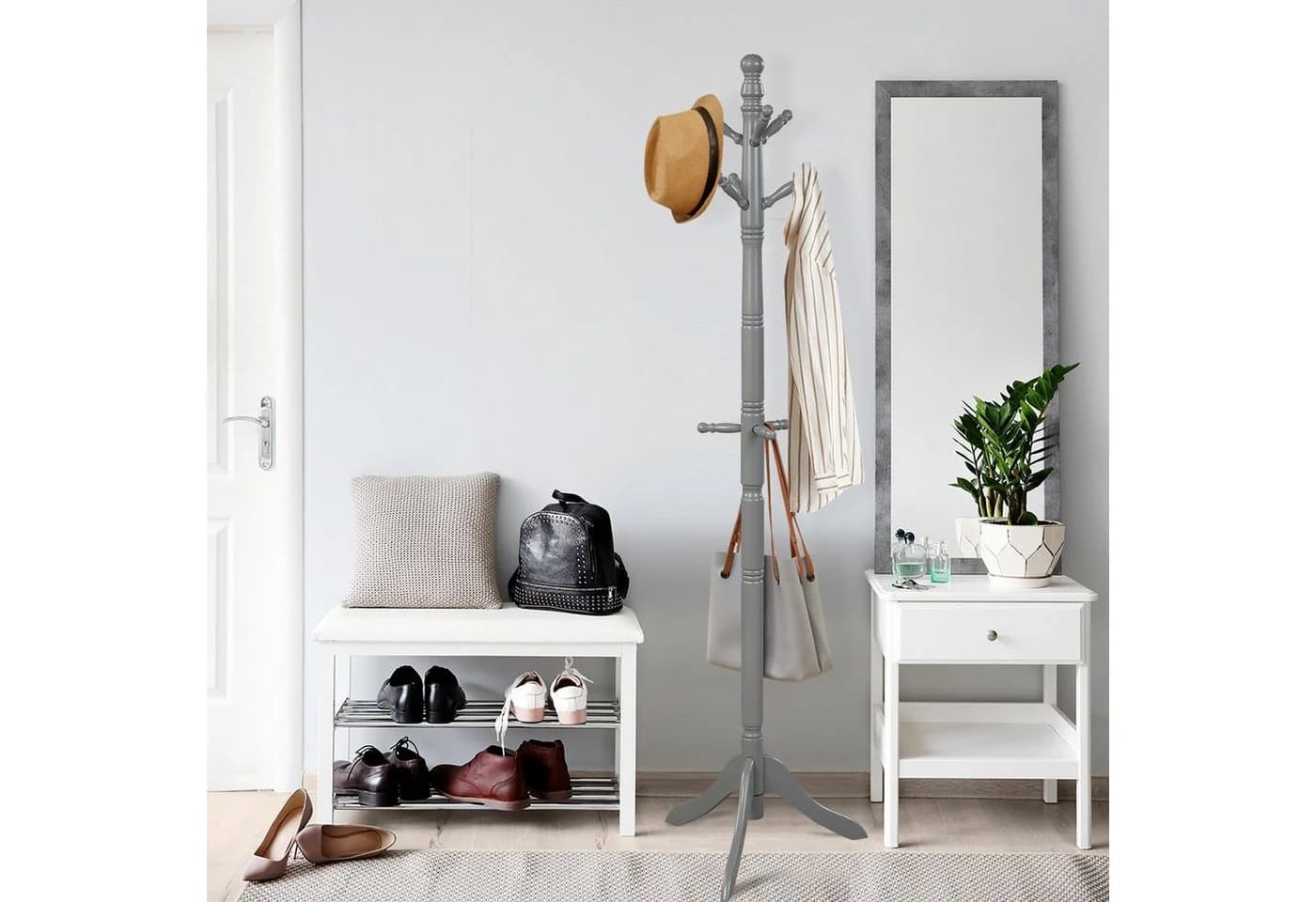 COSTWAY Garderobenständer 9 Haken Grau Holz 175cm