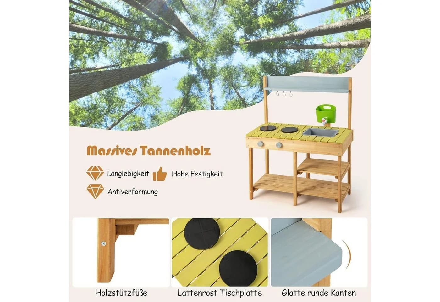 KOMFOTTEU Spielküche Kinderküche Orange Natur Holz