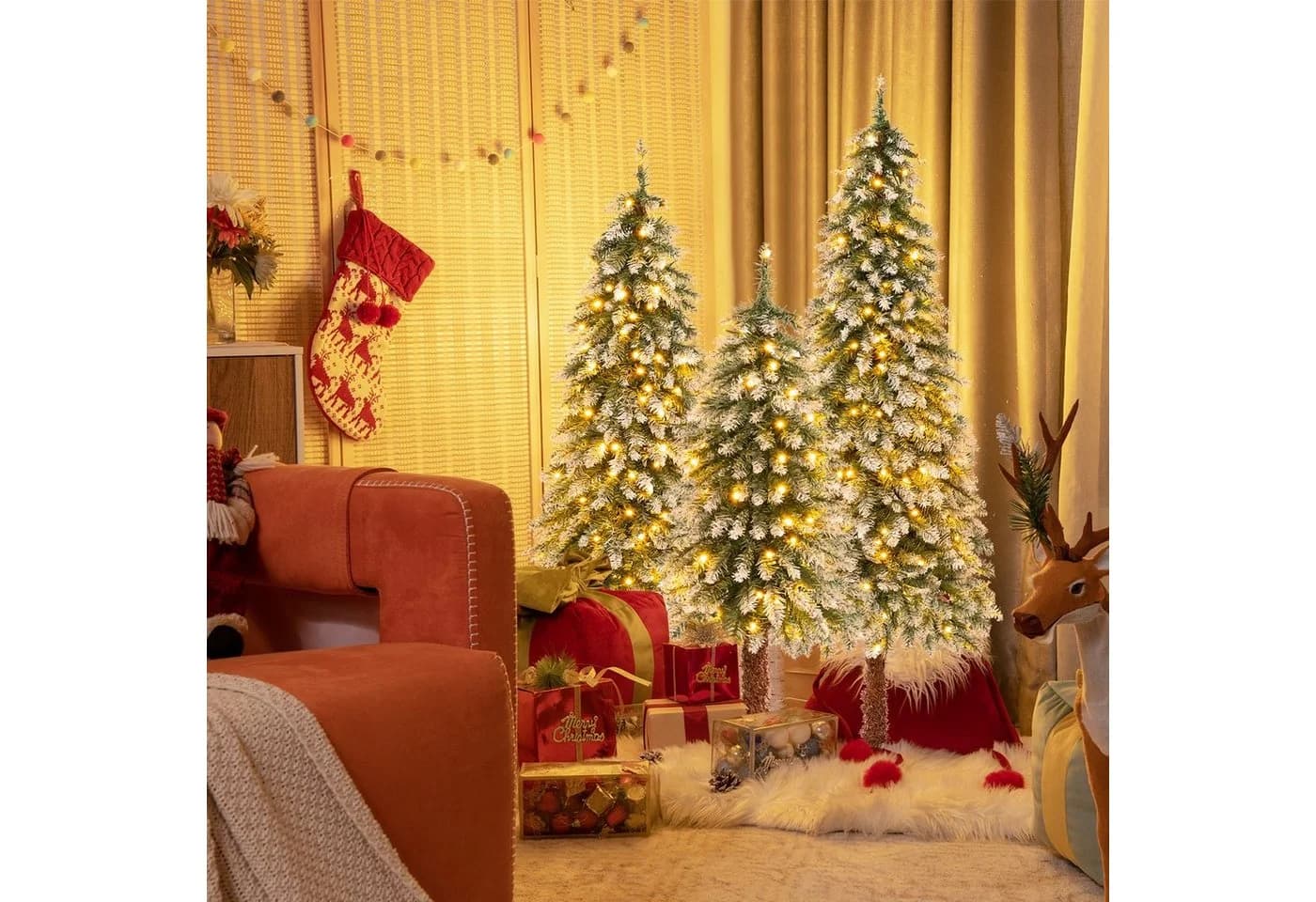 COSTWAY Künstlicher Weihnachtsbaum 3er Set 90+120+150cm Grün Weiß LED