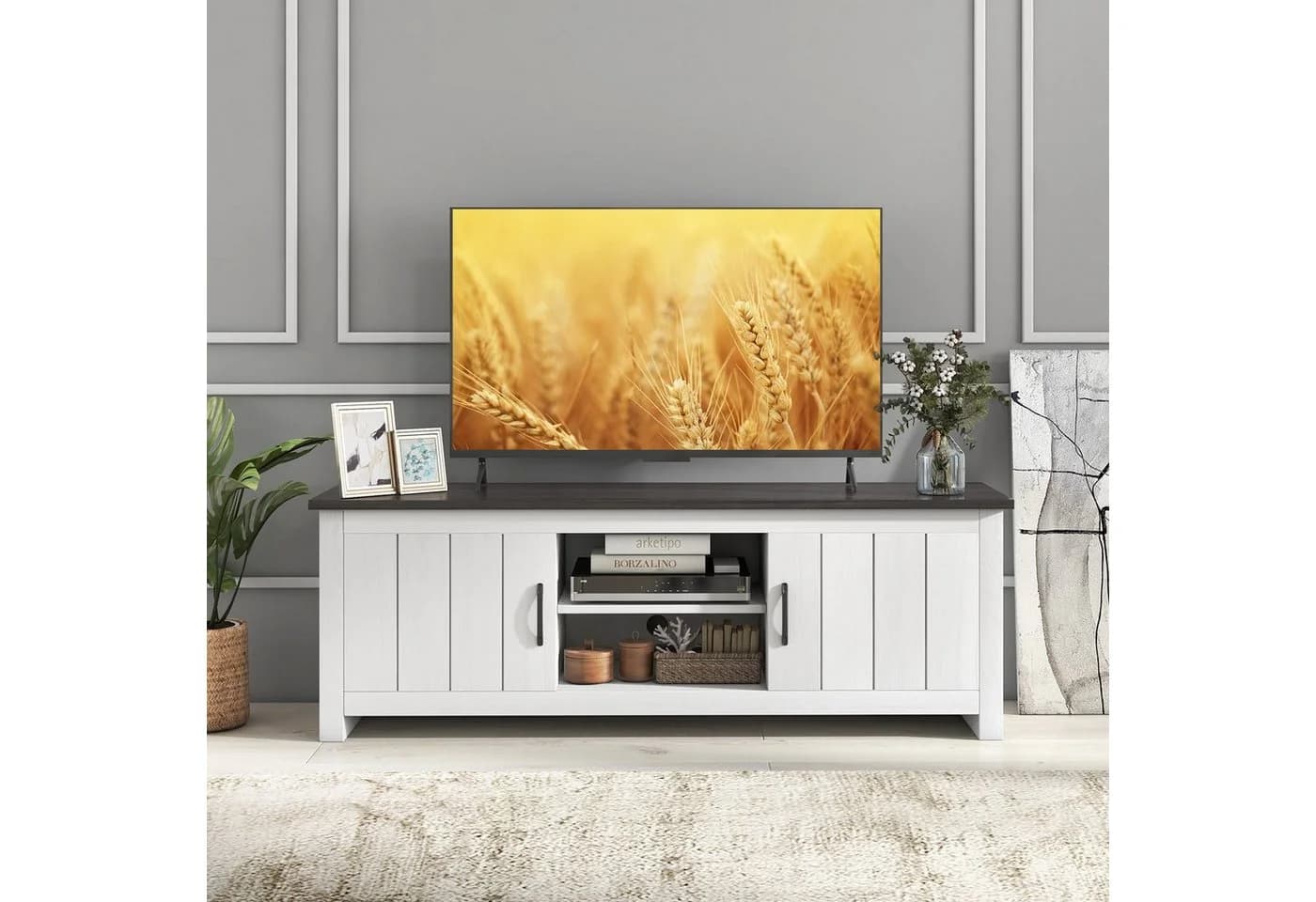 COSTWAY TV-Schrank Holz mit Türen & offenen Regalen, 145x40x50cm