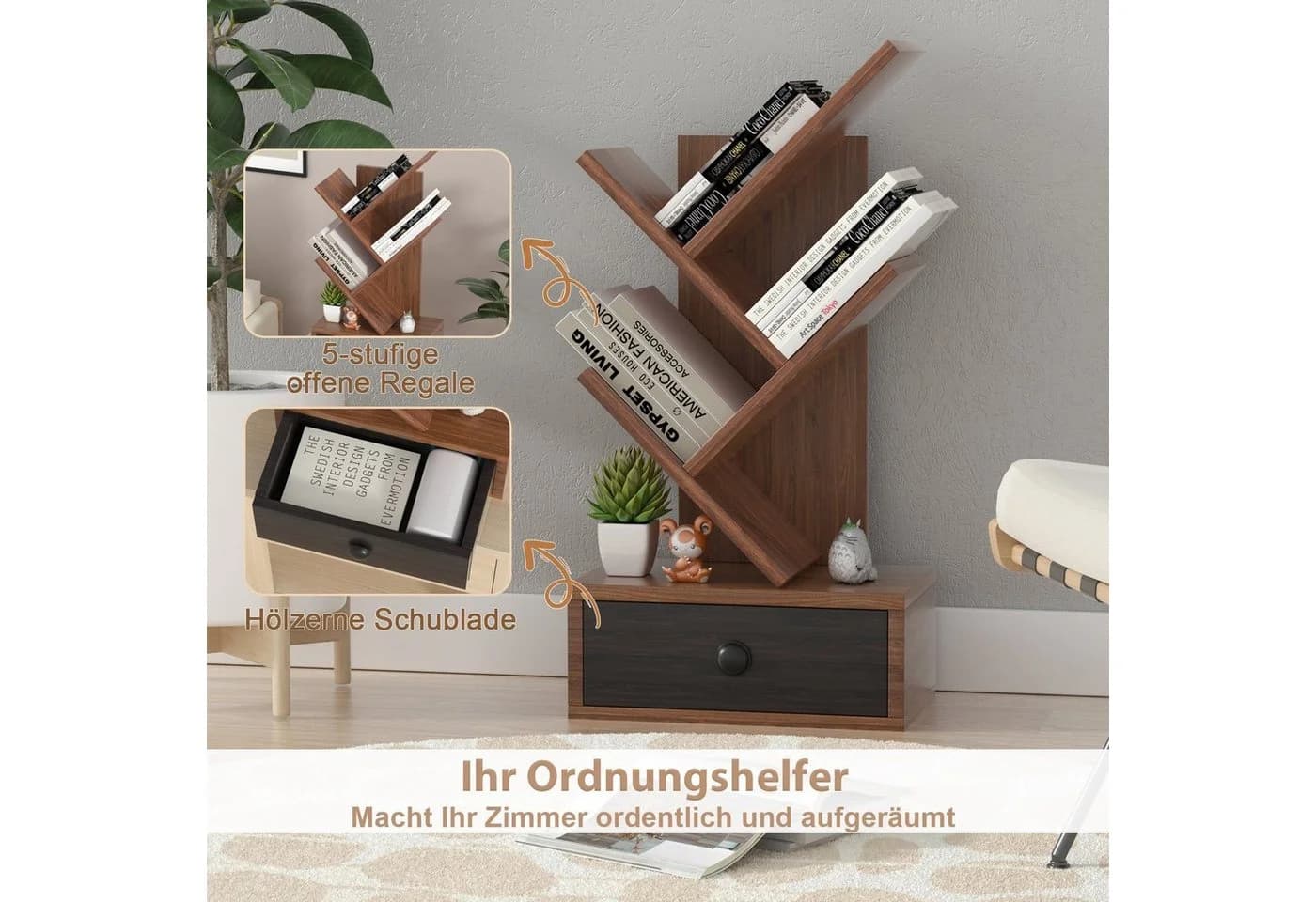 COSTWAY Bücherregal Baumform Holz 30x17,5x60cm