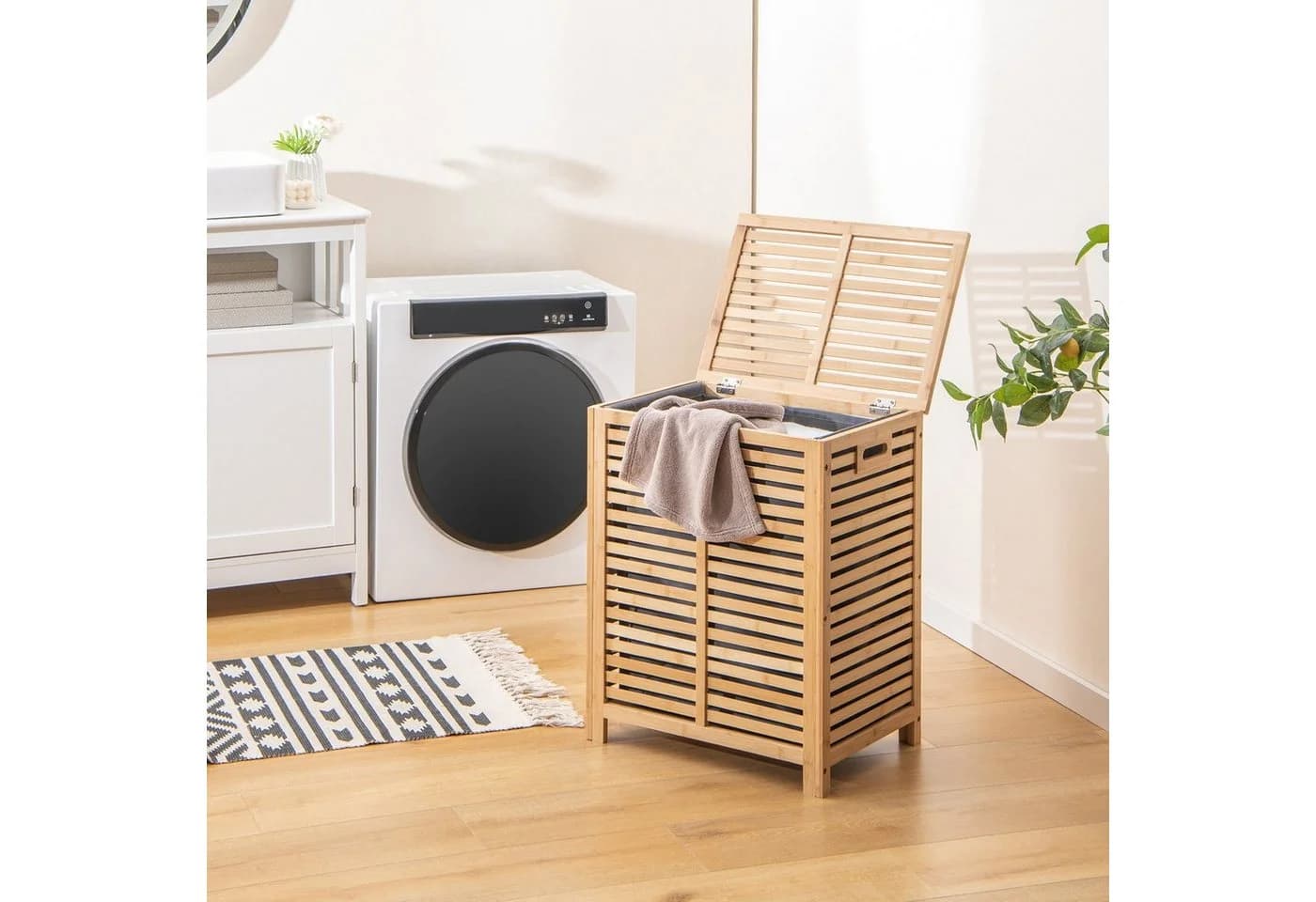COSTWAY Wäschekorb Bambus 80L mit Deckel & ausnehmbarem Wäschesack Natur