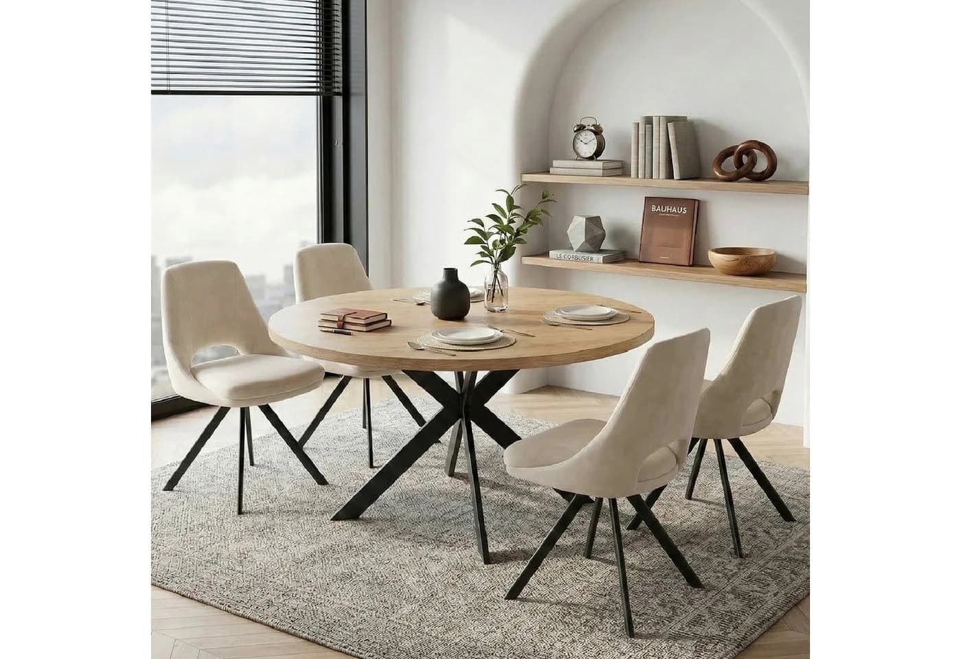 Jiexi Essgruppe Runder Esstisch mit 4 Stühlen MDF Flanell
