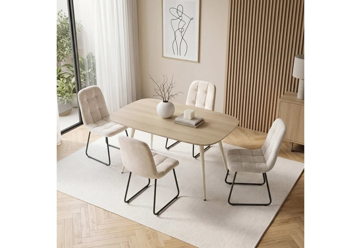 Jiexi Essgruppe mit Flanell-Stühlen Eichenoptik Beige