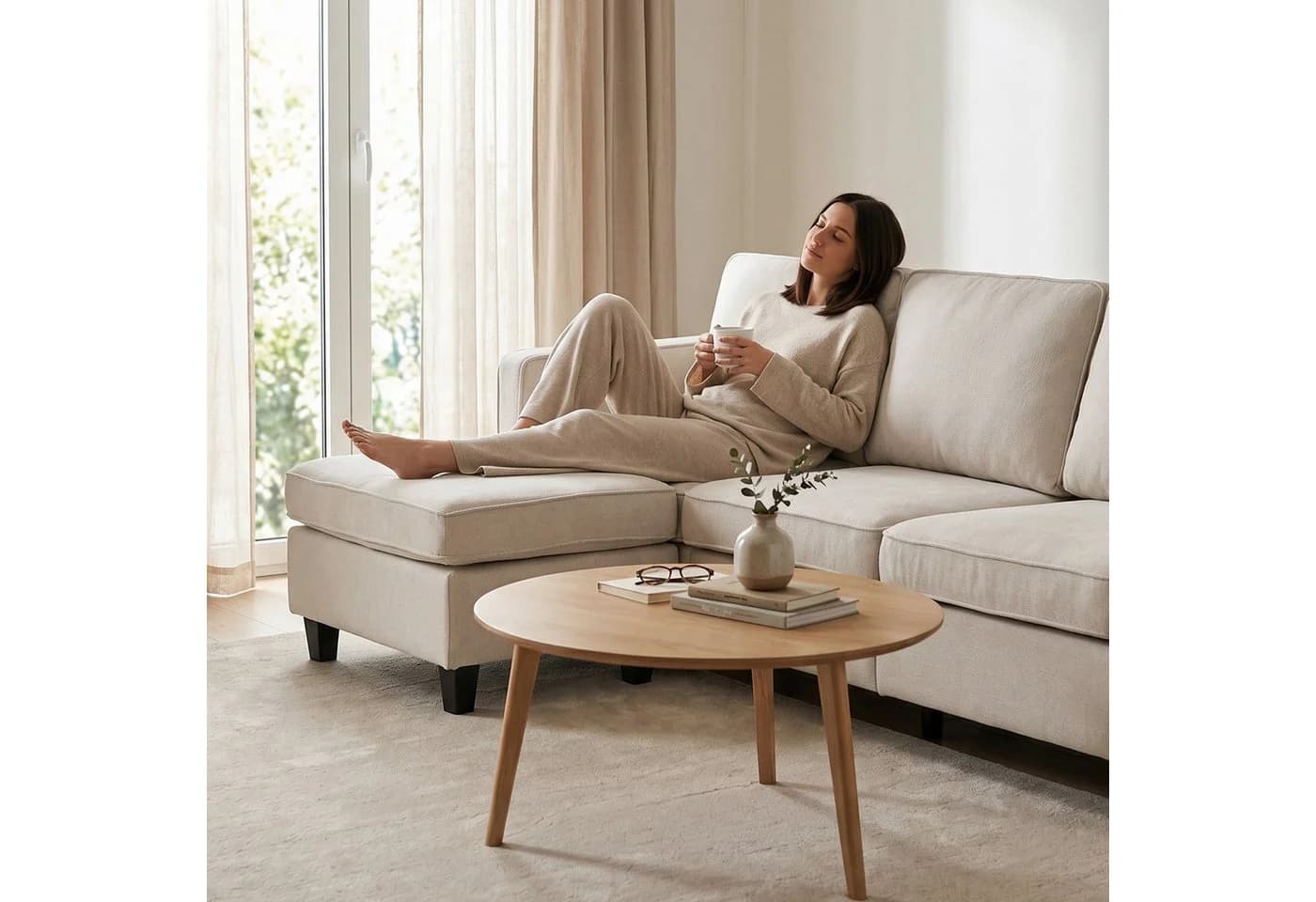 Jiexi 3-Sitzer Sofa Beige mit beweglichem Hocker