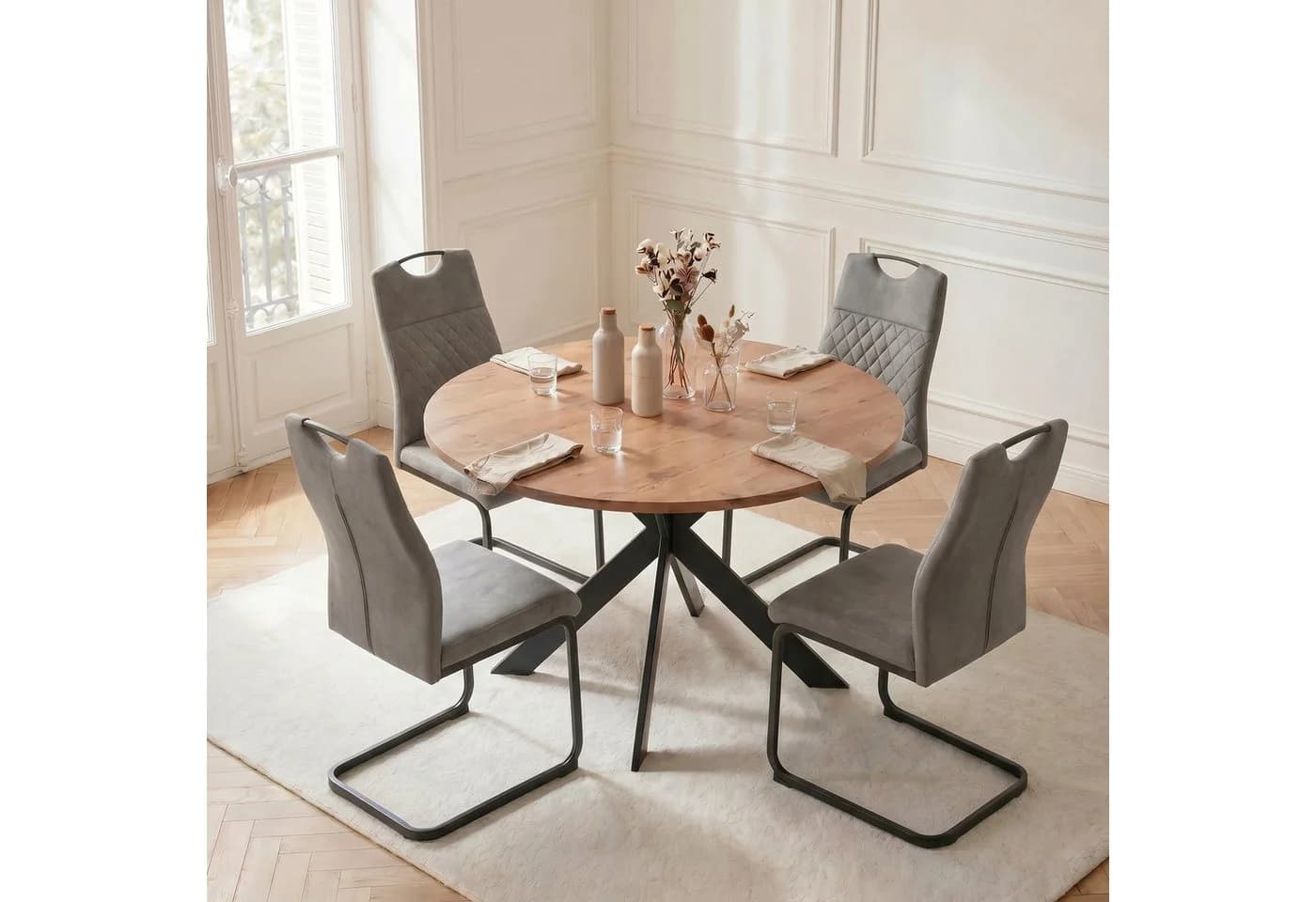 Jiexi Essgruppe Runder Esstisch mit 4 Stühlen Beige Modern