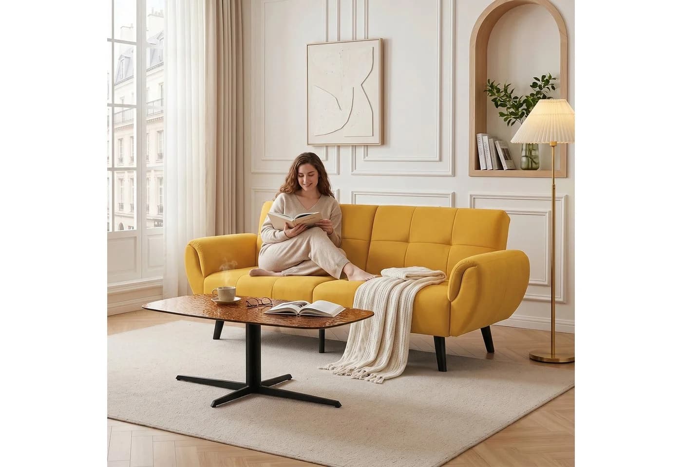 Jiexi 3-Sitzer Sofa Leinenstoff Gelb mit Massivholzbeinen