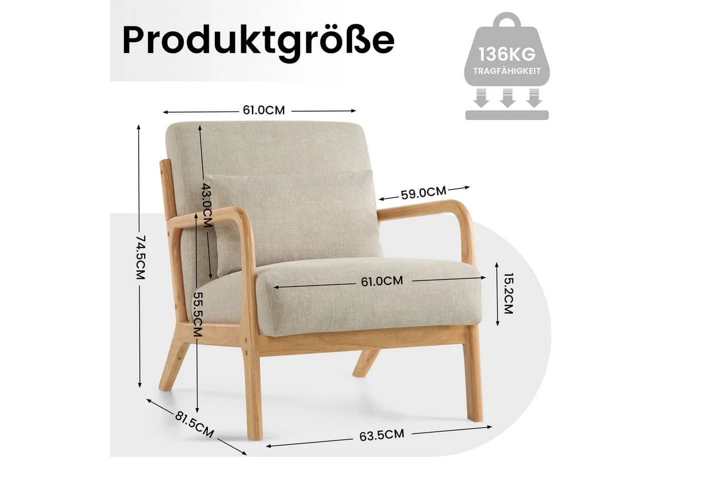 Aunekiv Sessel Mid-Century mit Kissen & Holzrahmen Grau/Grün/Orange