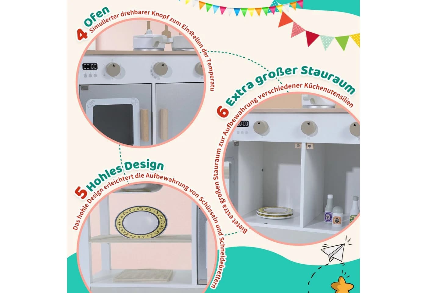 HomeMiYN Spielküche Kinderküche Holz Grau Multifunktionales