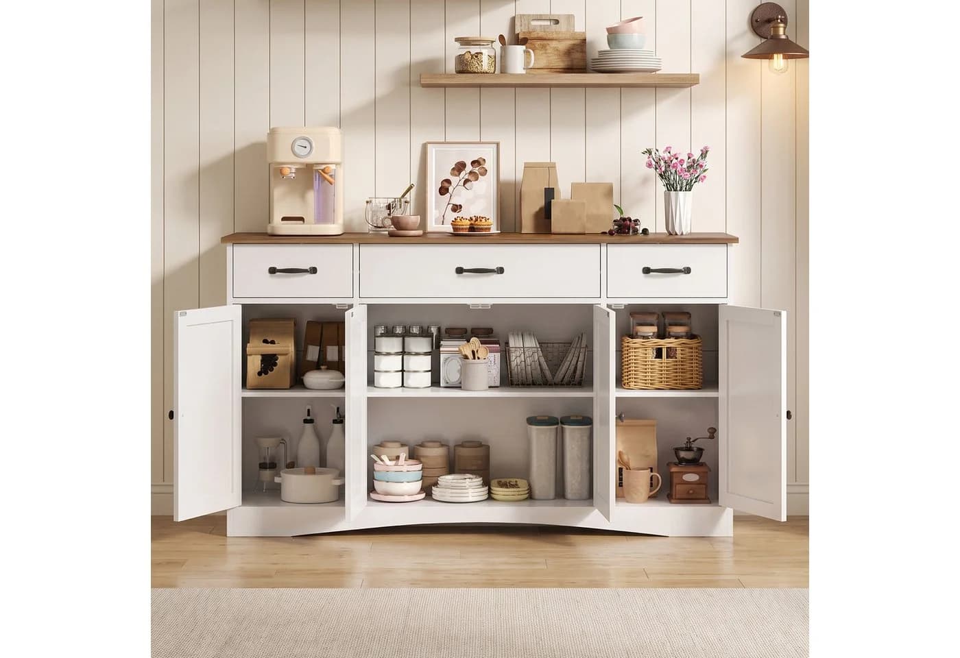 Blishom Sideboard Grau Landhaus-Design mit 4 Türen und 3 Schubladen