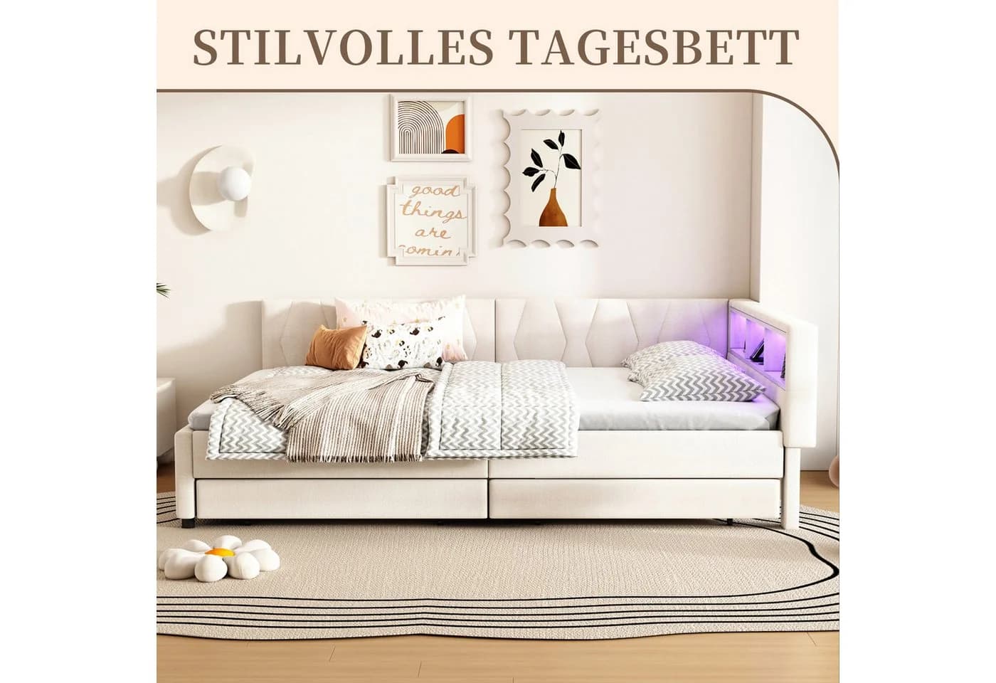 SeedWave Polsterbett Leinen Beige mit LED-Beleuchtung und Schubladen