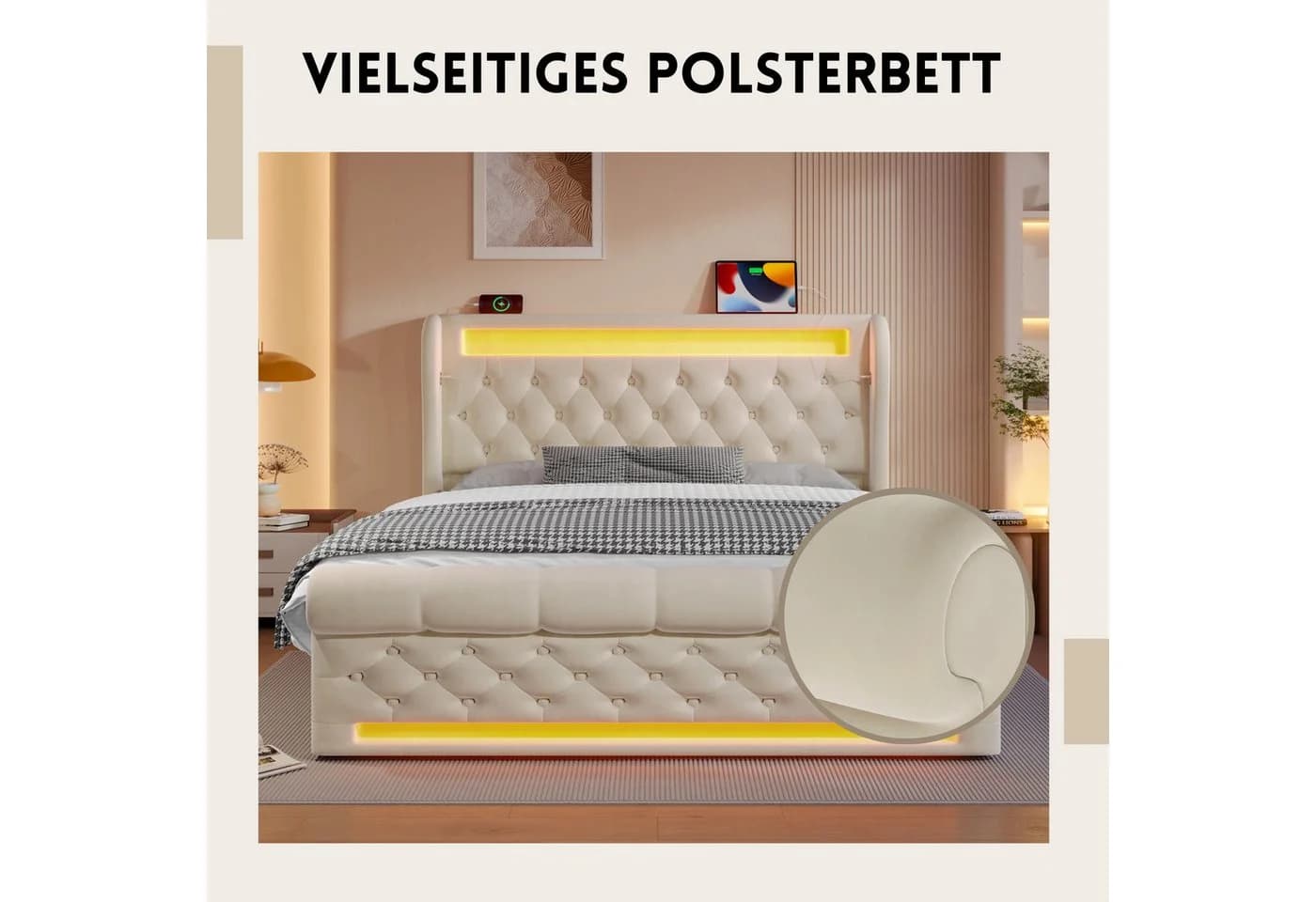 SeedWave Polsterbett Samt LED USB/Type-C Stauraumbett