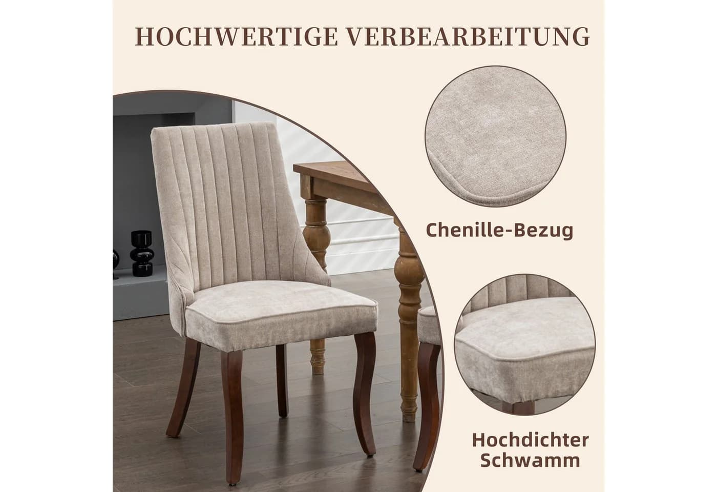 SeedWave Esszimmerstuhl Chenille 2er-Set Beige mit verstellbaren Fußpads