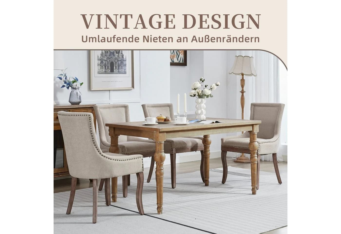 SeedWave Esszimmerstuhl 2er-Set Chenillebezug Holzfüße Beige