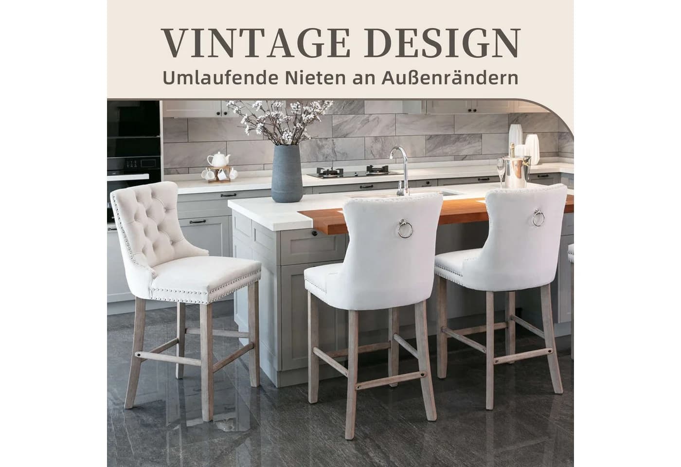 SeedWave Barhocker 2er-Set Beige Samt mit Rückenlehne