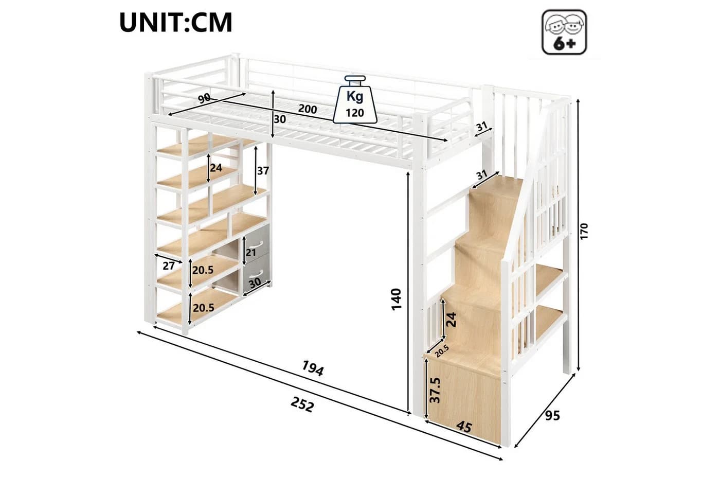 Ulife Hochbett mit Eisenrahmen, LED-Licht und integrierten Stufen