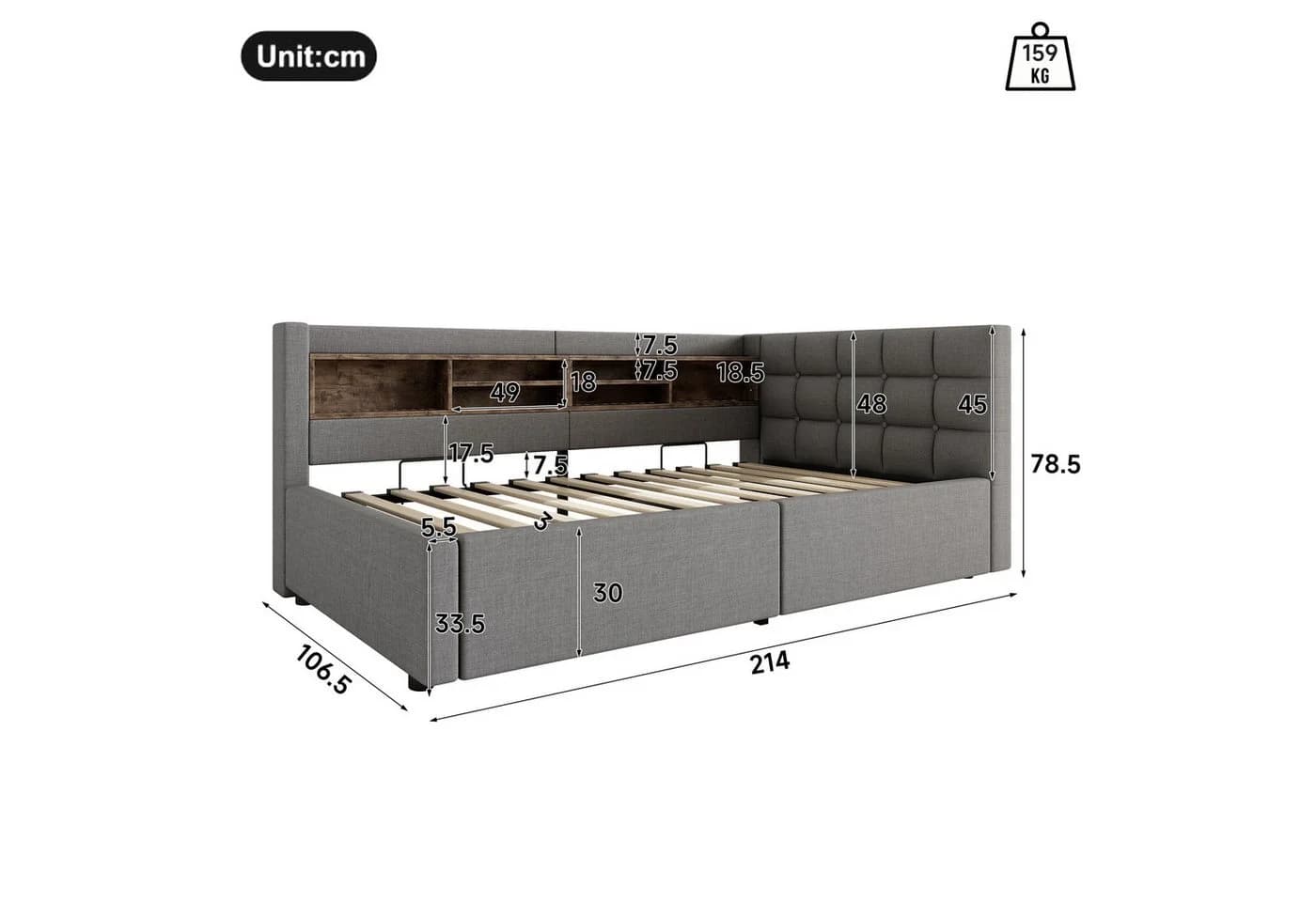 Ulife Daybett mit LED-Beleuchtung und USB-Anschluss Beige/Grau