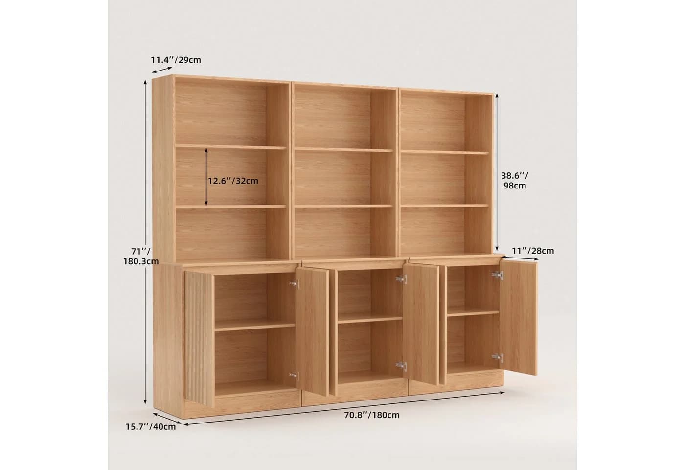 VOWNER Bücherregal 5-stöckig mit 2 Holztüren Beige