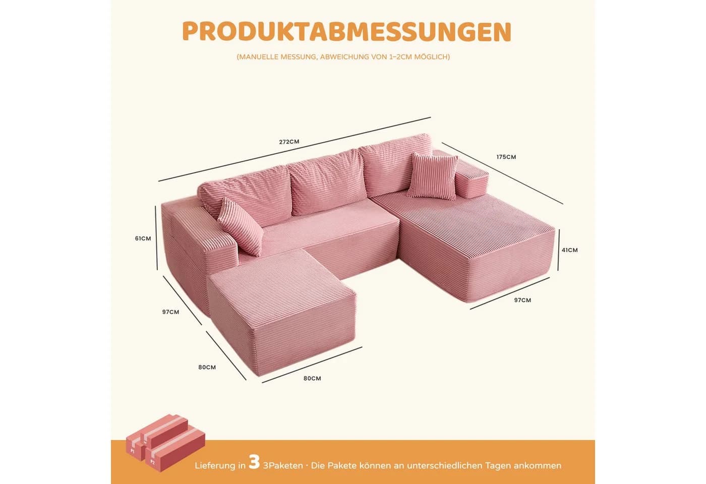 LITBIRD Ecksofa U-förmig Rosa Cordstoff Schlafsofa