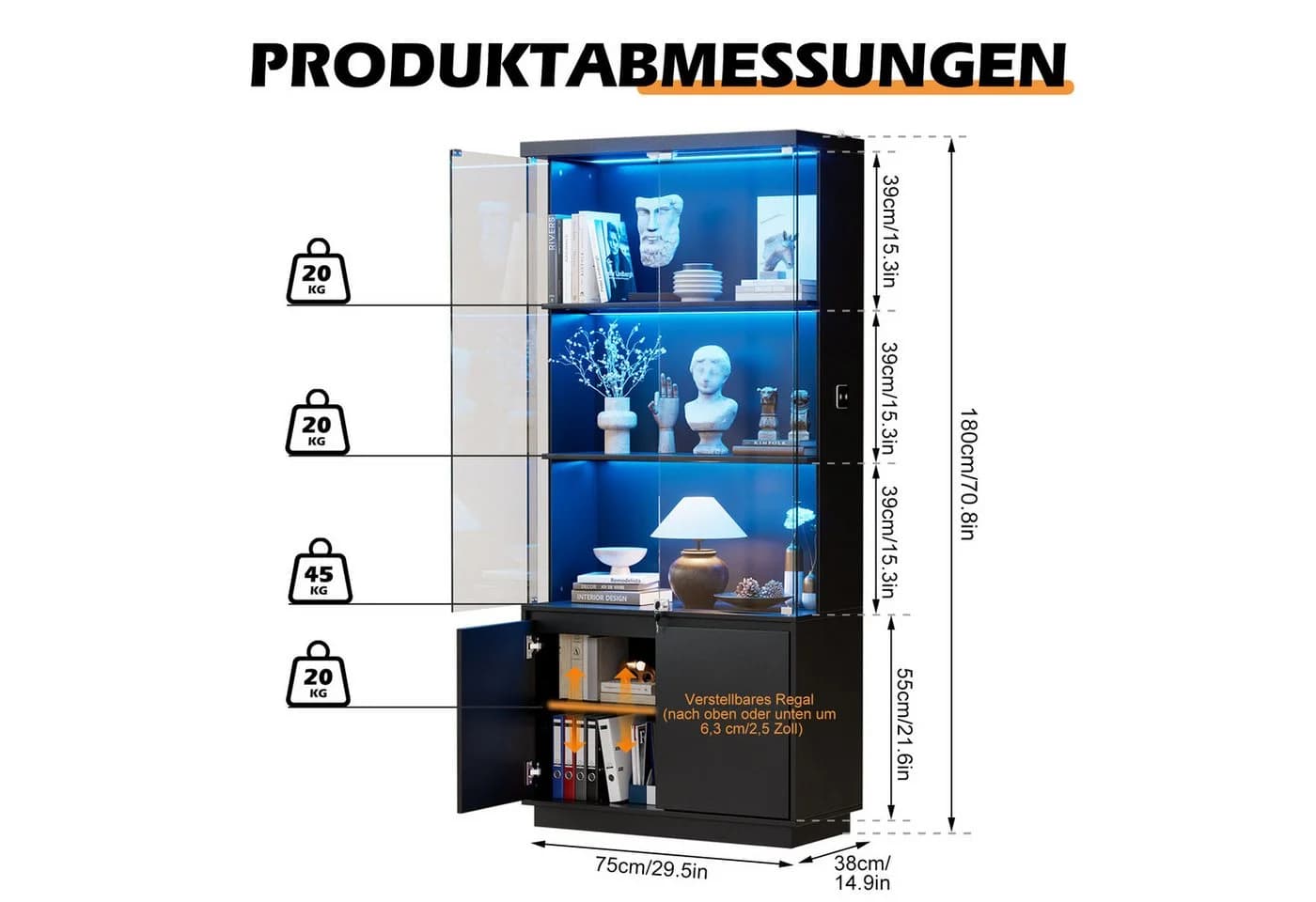 PEALOV Glasvitrine Schwarz mit LED-Beleuchtung und Bewegungssensor