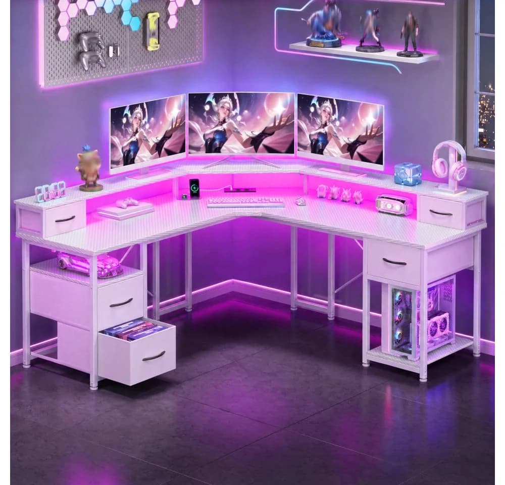 Klyvvo Gaming Schreibtisch L-Form Weiß mit LED & Schubladen