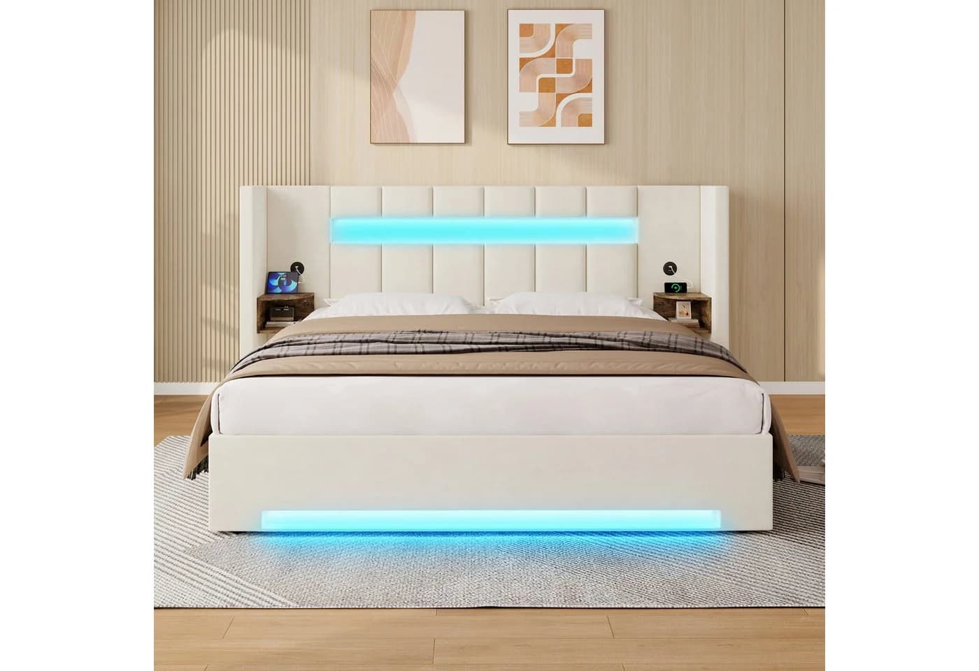 TavilaEcon Polsterbett mit Bettkasten, LED-Licht & USB-Anschlüssen Beige