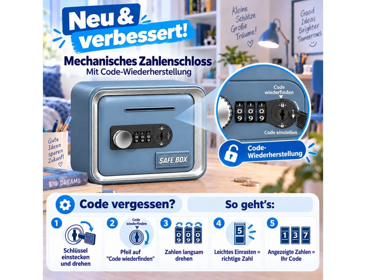 ibettertec Spardose mit Zahlenschloss & Schlüssel, 5L Sparbox Blau