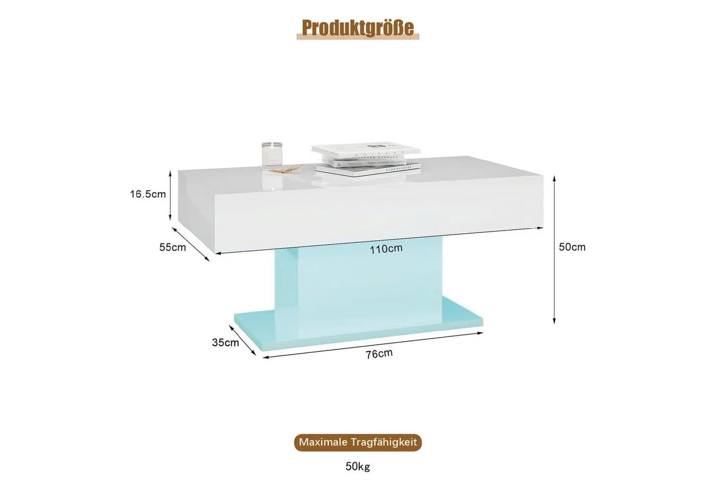 radelldar Couchtisch Wohnzimmertisch Hochglanz 110x55x50cm,USB