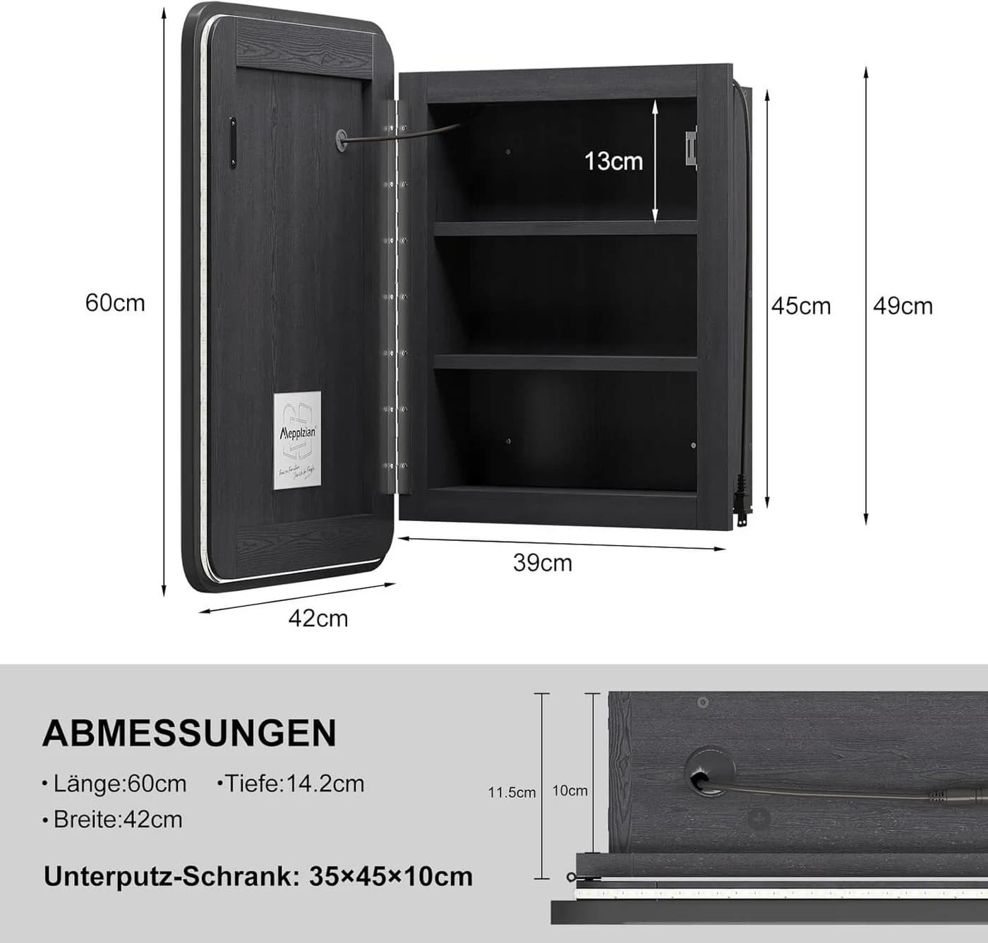 radelldar Badezimmerspiegelschrank Badschrank mit Beleuchtung 42/51cm mit 3 Ablage