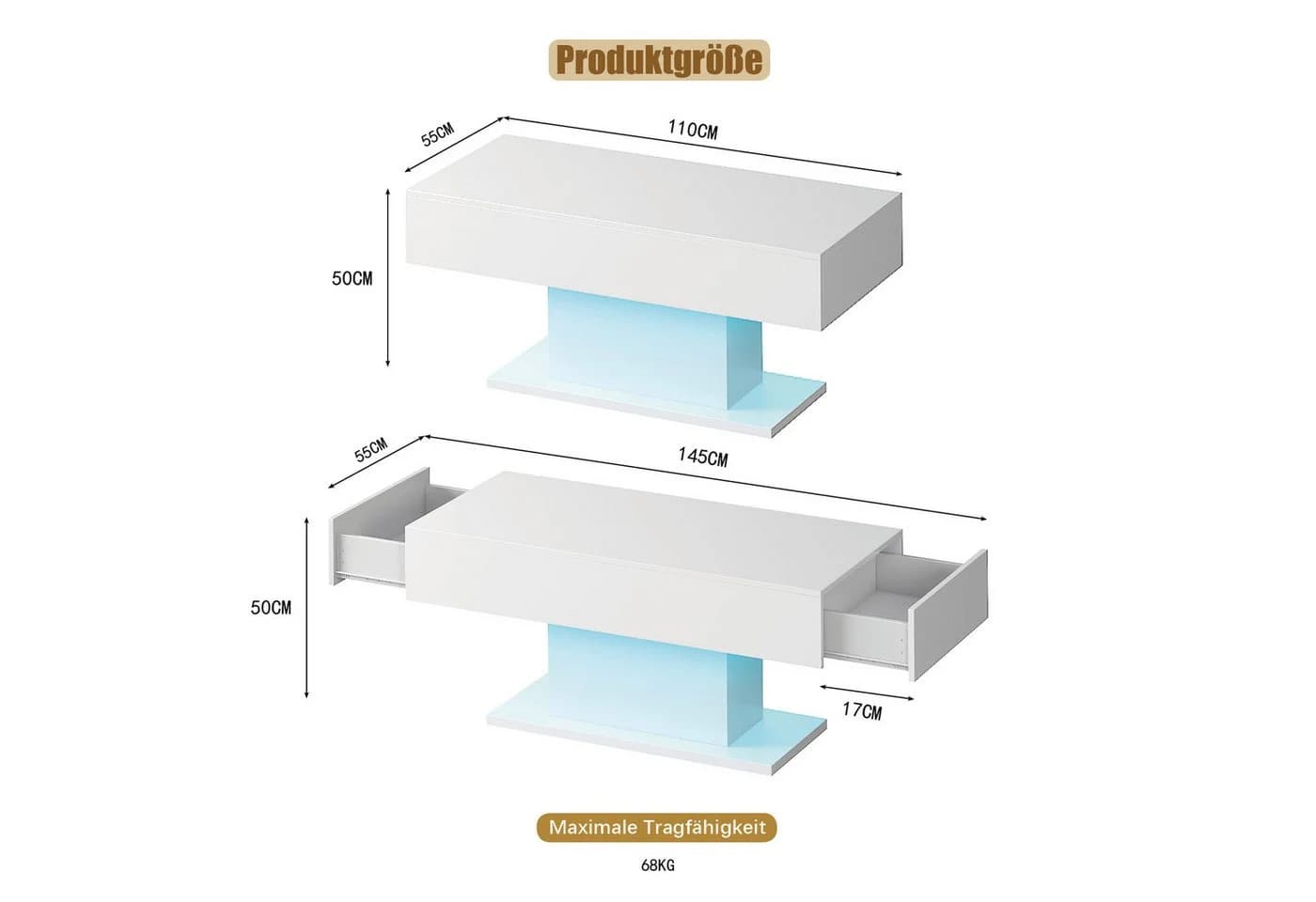 radelldar Couchtisch Wohnzimmertisch Hochglanz 110x55x50cm USB