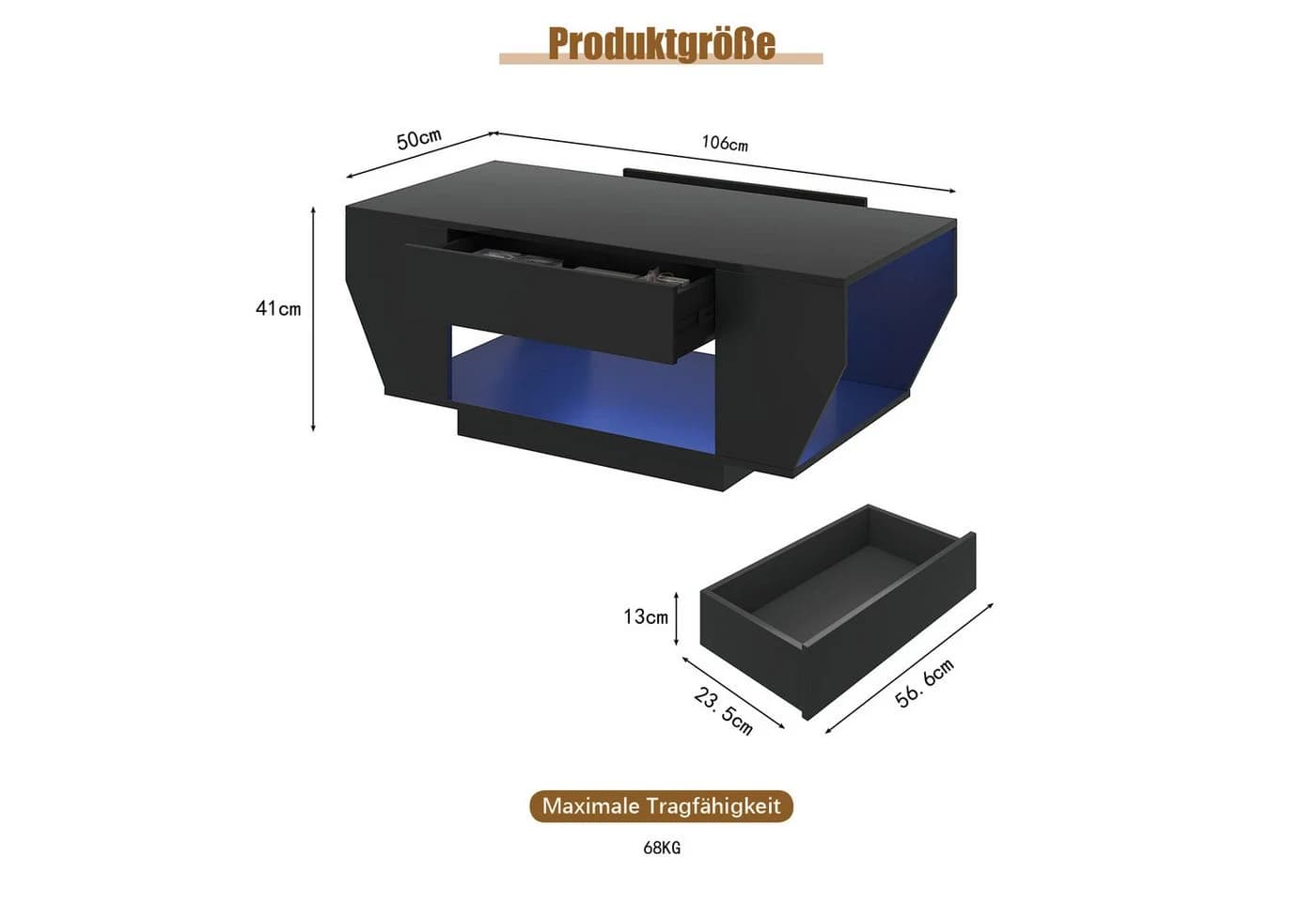 radelldar Couchtisch Boot-Form Weiß/Schwarz mit LED-Beleuchtung & 2 Schubladen