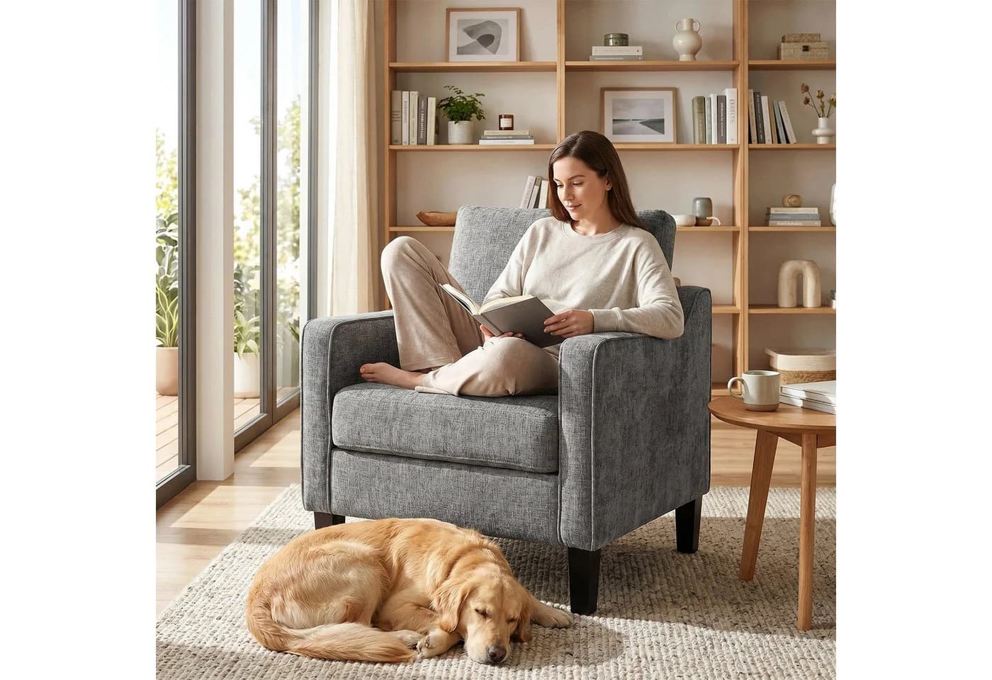 TLGREEN Loungesessel Grau Chenille Federkern Polsterstuhl