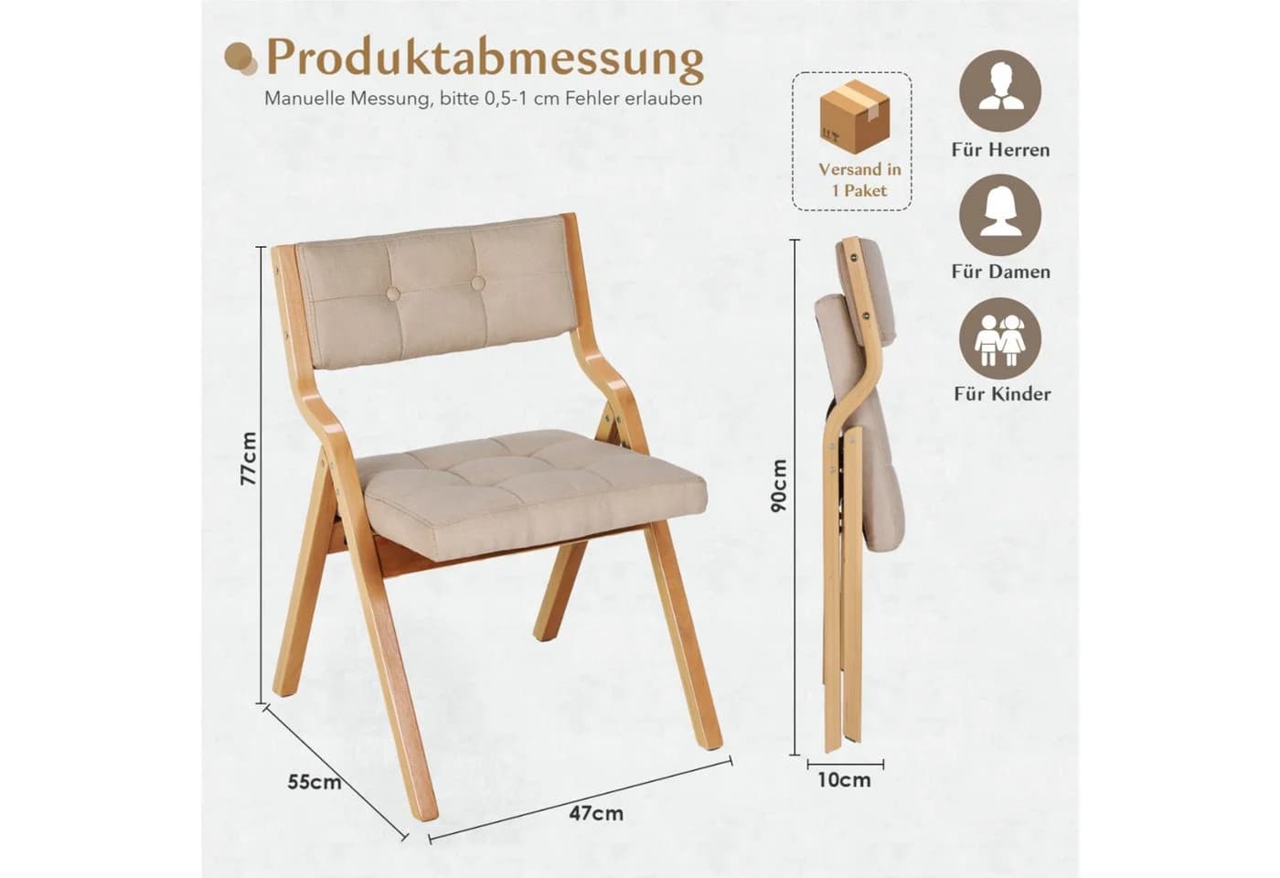 TLGREEN 4er Set Klappstühle Naturholz Grau Beige
