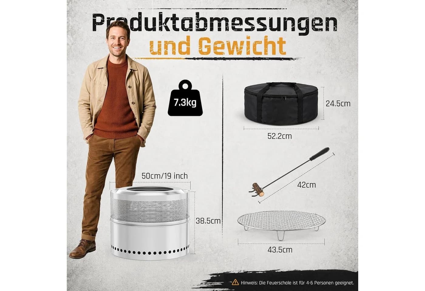 TLGREEN Feuerschale 50cm Edelstahl Raucharm mit Grillrost & Tragetasche