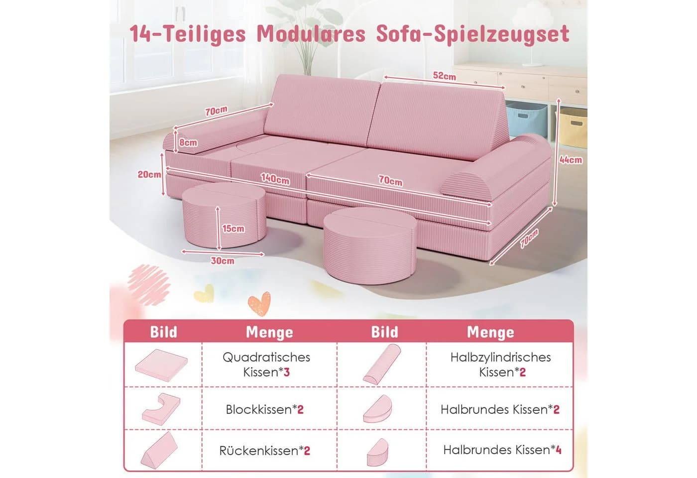 TLGREEN Kindersofa 15-teilig Rosa Modulares Spielsofa