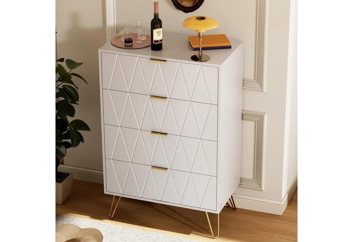 UEV Kommode mit 4 Schubladen, Sideboard für Schlafzimmer, Wohnzimmer (Mehrzweckschrank aus Holz, 60 x 34 x 91 cm), Aufbewahrungskommode, Schrank für Wohnzimmer, Schlafzimmer, Flur