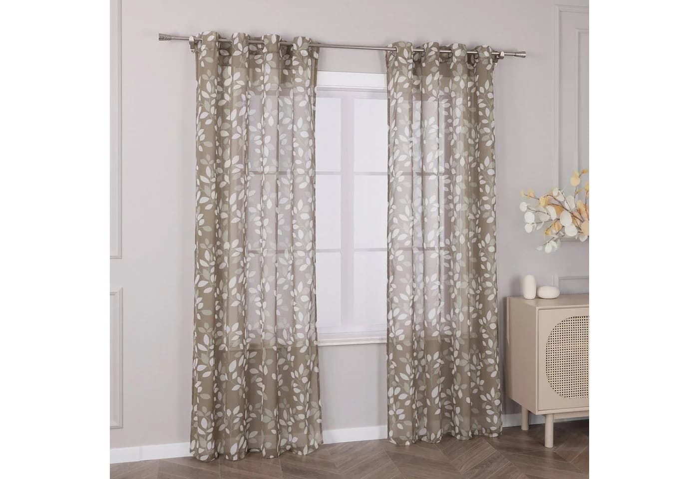 Joyswahl Gardine mit Ösen, Blatt-Design, Leinenoptik, Landhausstil, Braun