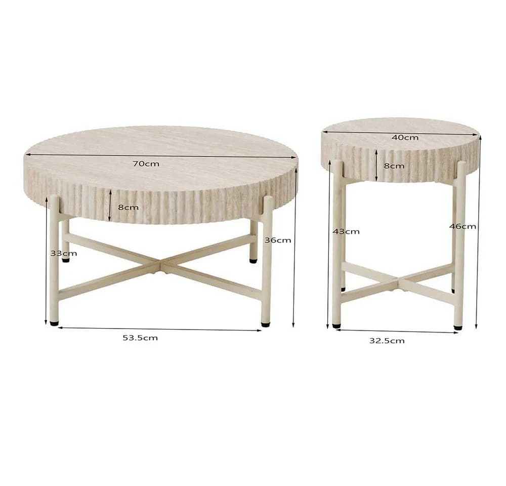 PPkrimnel 2er Couchtisch Set Travertin Optik Metallrahmen