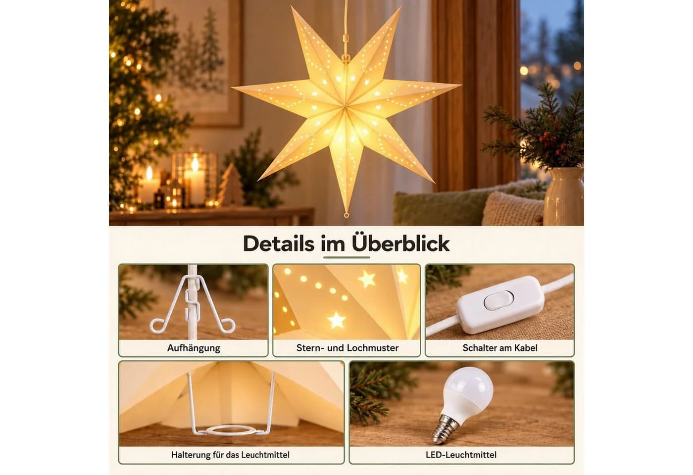 Salcar LED Stern 55cm Papierstern-Lichterkette Warmweiß
