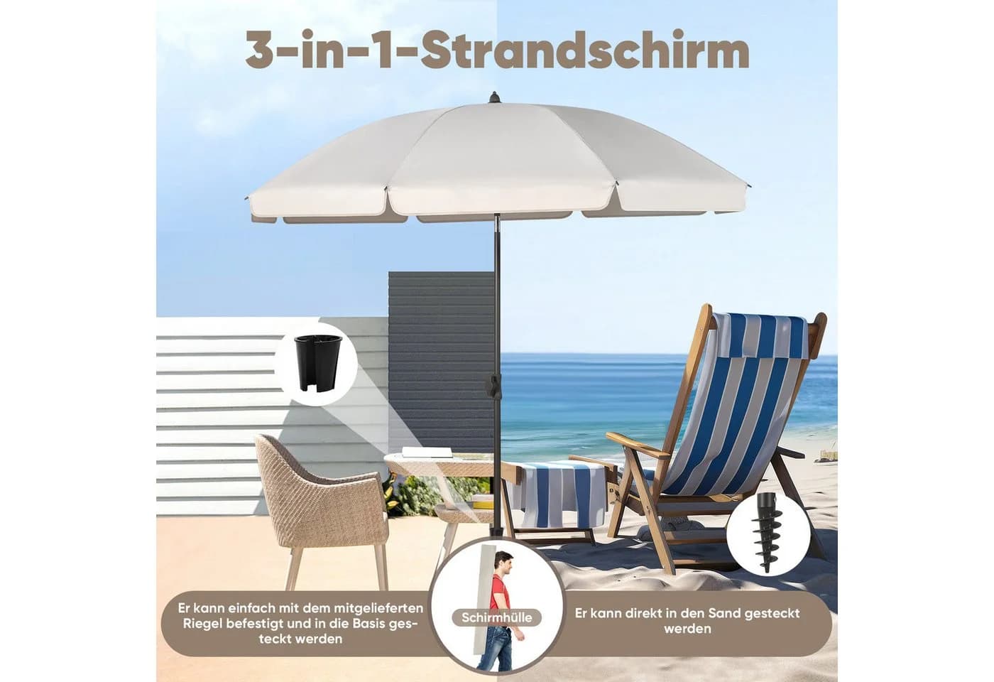 Sekey Sonnenschirm Ø180 cm Balkonschirm Terrassenschirm Graubeige UV-Schutz 50+