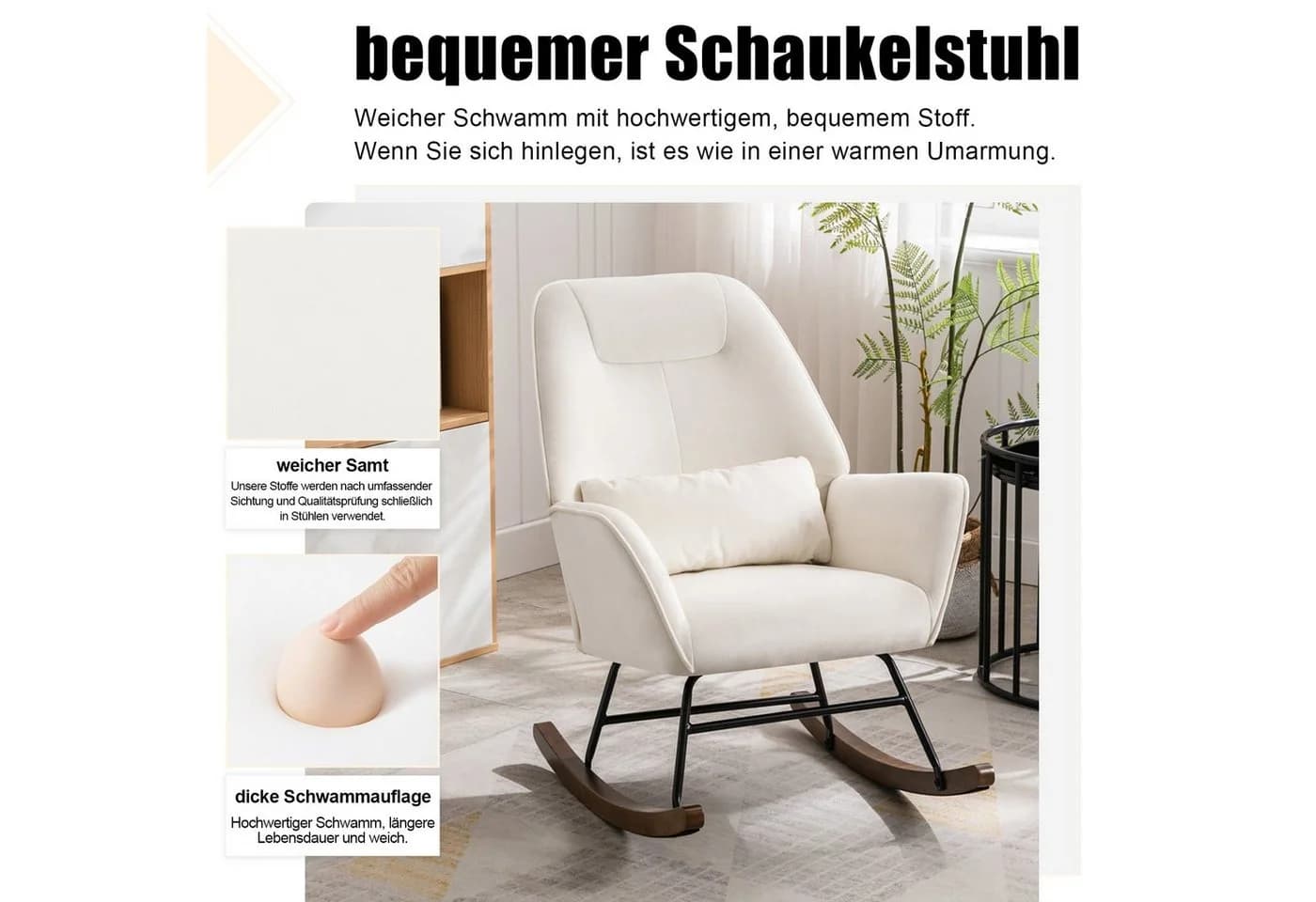 HomeMiYN Schaukelstuhl Samt Rosa/Weiß