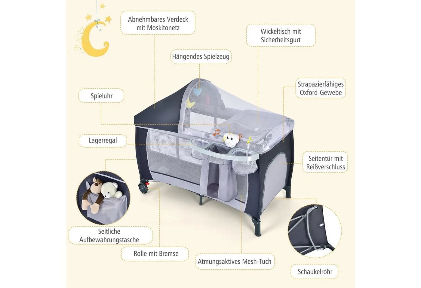 COSTWAY Baby-Reisebett 4 in 1 Grau mit Matratze & Rollen