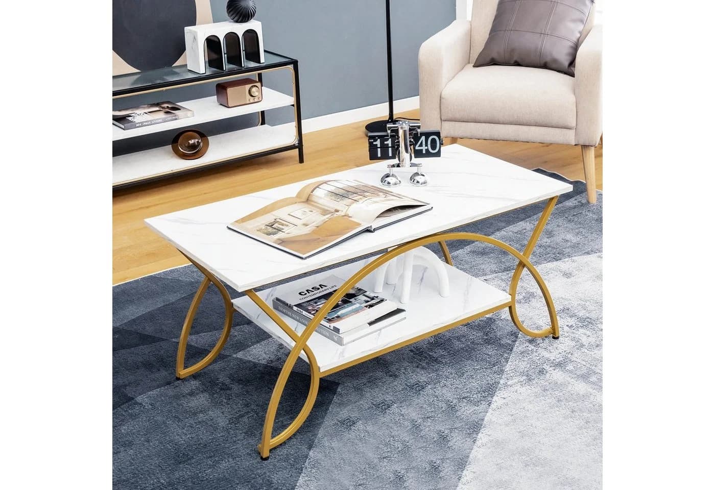 COSTWAY Couchtisch Marmor mit Ablage & goldenen Metallbeinen, 100x50x45cm