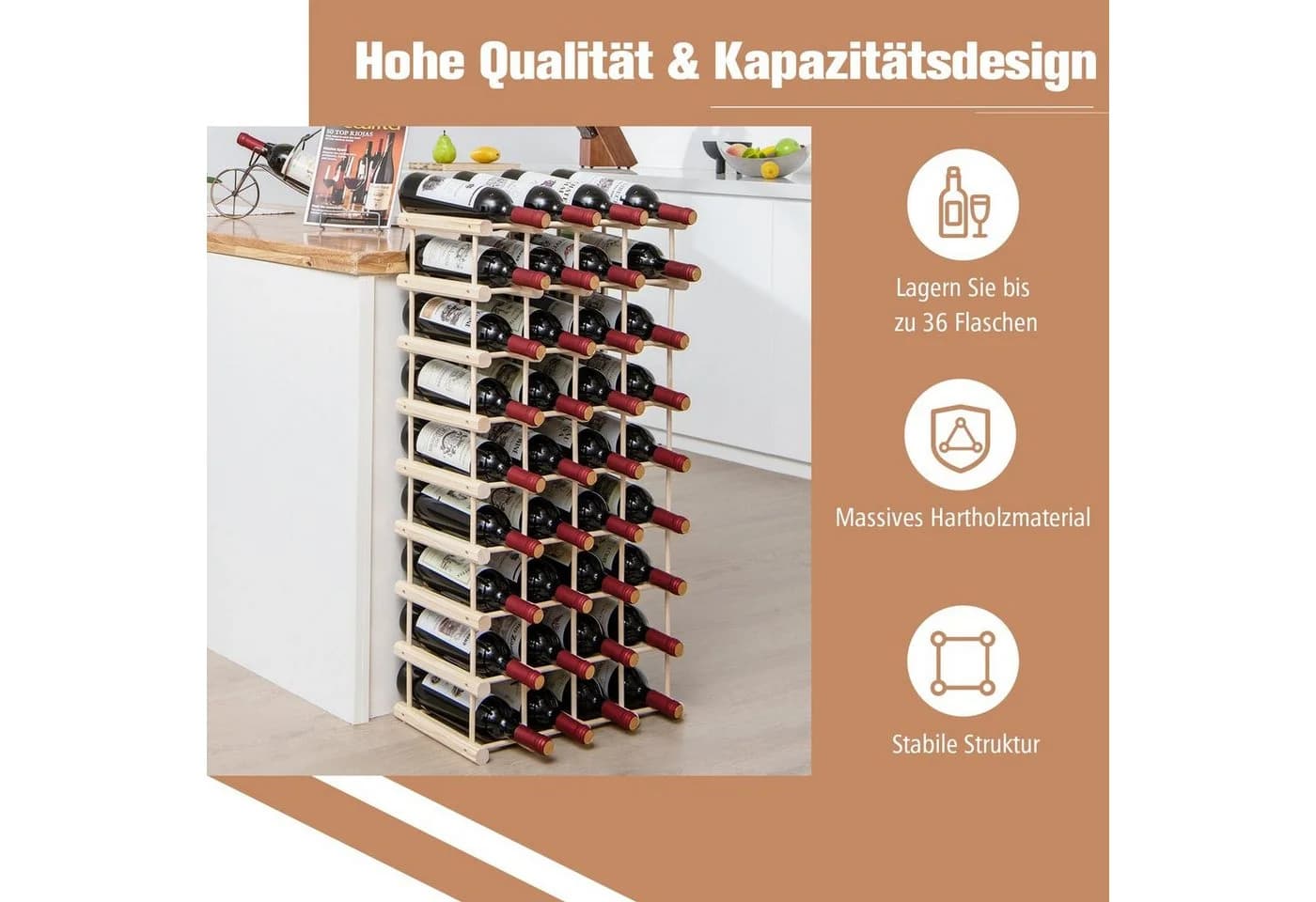 COSTWAY Weinregal Kiefernholz für 36 Flaschen