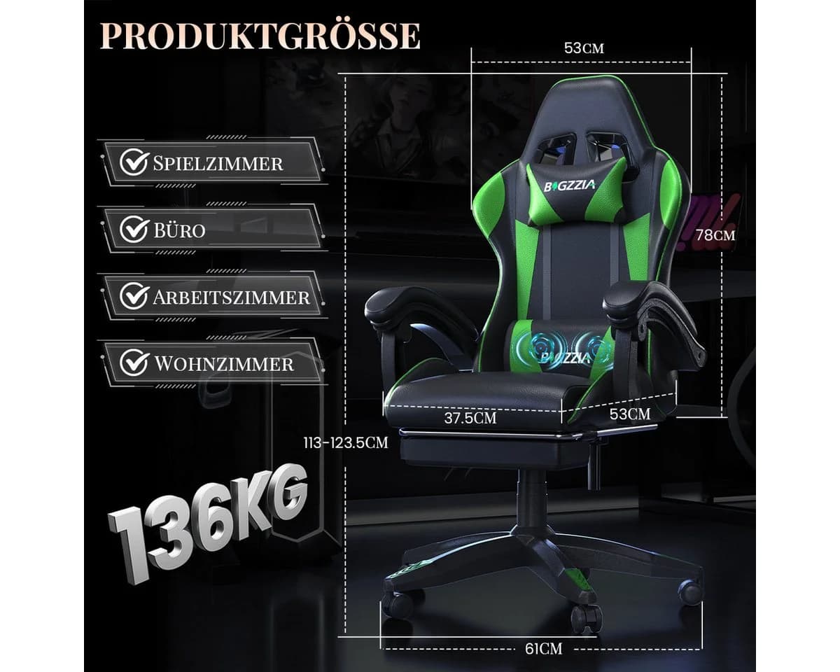 ZAISZE Gaming-Stuhl Schreibtischstuhl Grün mit Massagefunktion
